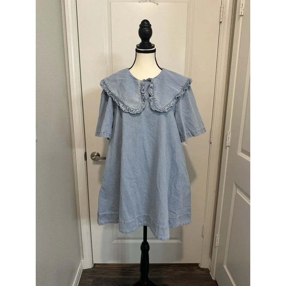 Amable by Mable Peter Pan Collar Coquette Denim Dress L Anthropologie NWT